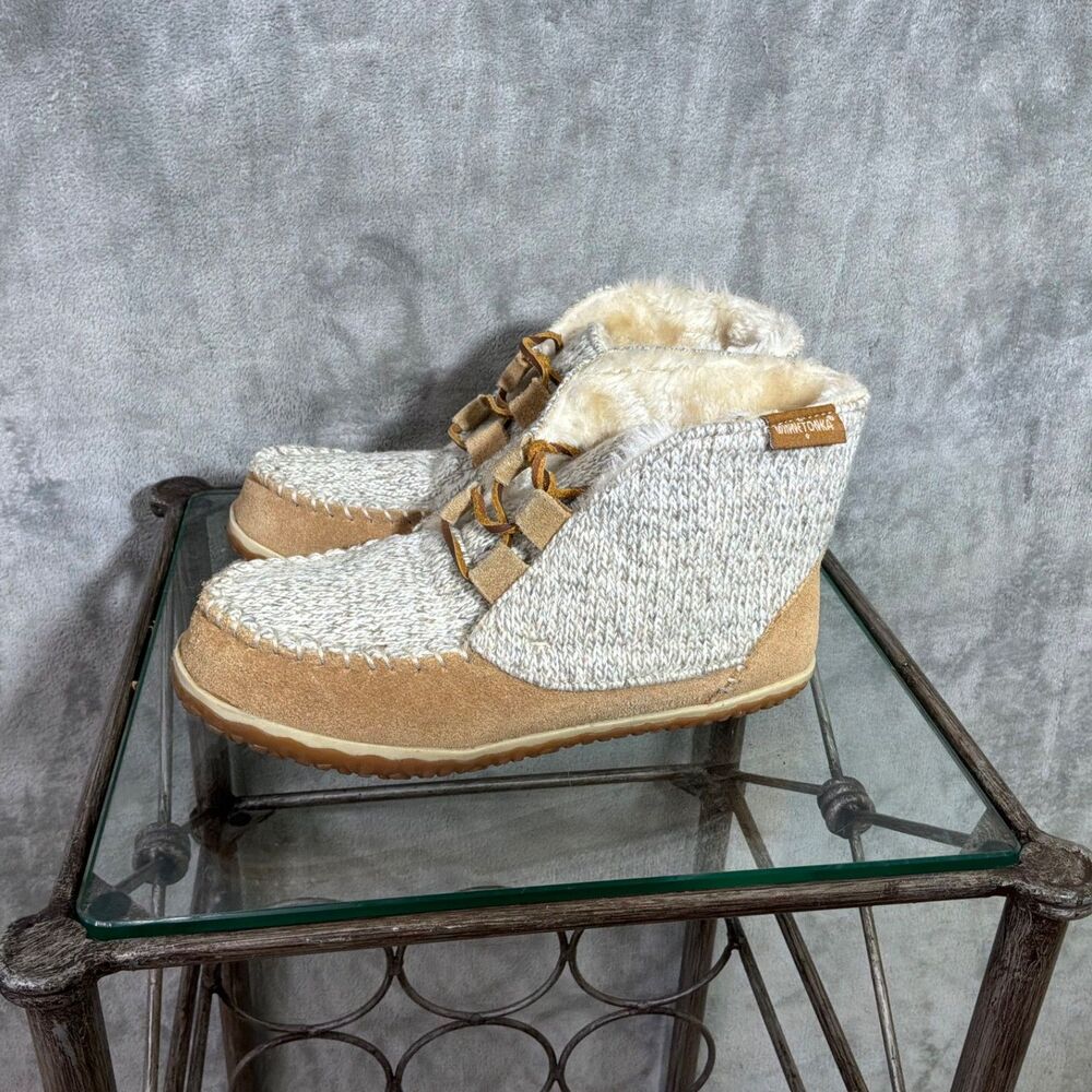 Minnetonka Torrey boots 40141 Women’s Sz 7M Tan Leather Fabric Faux Fur Bootie